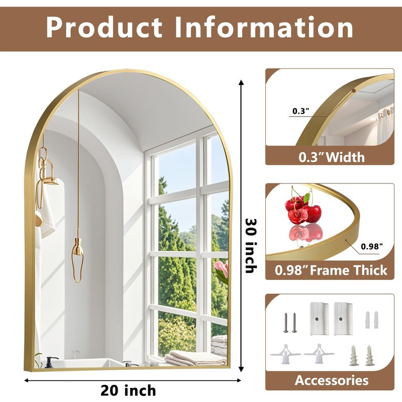 JENBELY 24"x36" Arched Mirror, Gold Arch Bathroom Mirror, Gold Vanity Mirror with Metal Frame, Arched Wall Mirror for Bedroom, Living Room, Hallways