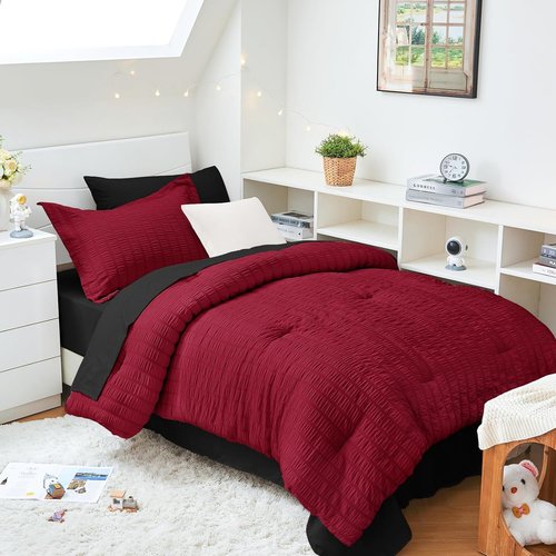 HYMOKEGE Twin XL Comforter Set - 5-Piece Red & Black Seersucker Luxury Bedding | All-Season Bed in a Bag