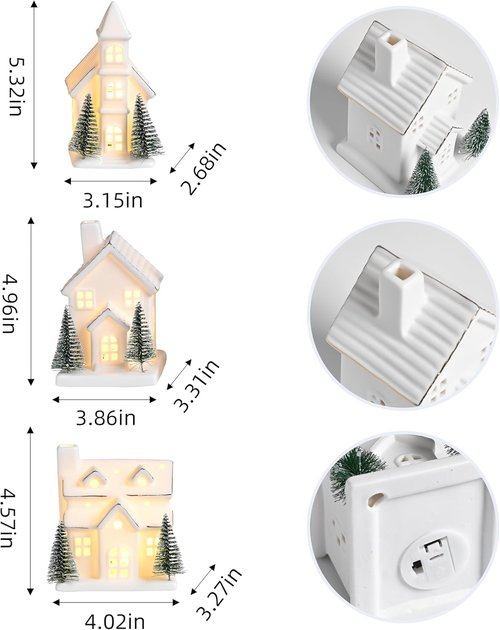 AOMOONOA Ceramic Christmas Village Houses - 3-Piece LED Lighted Porcelain Set with 6 Trees | Holiday Home Decor