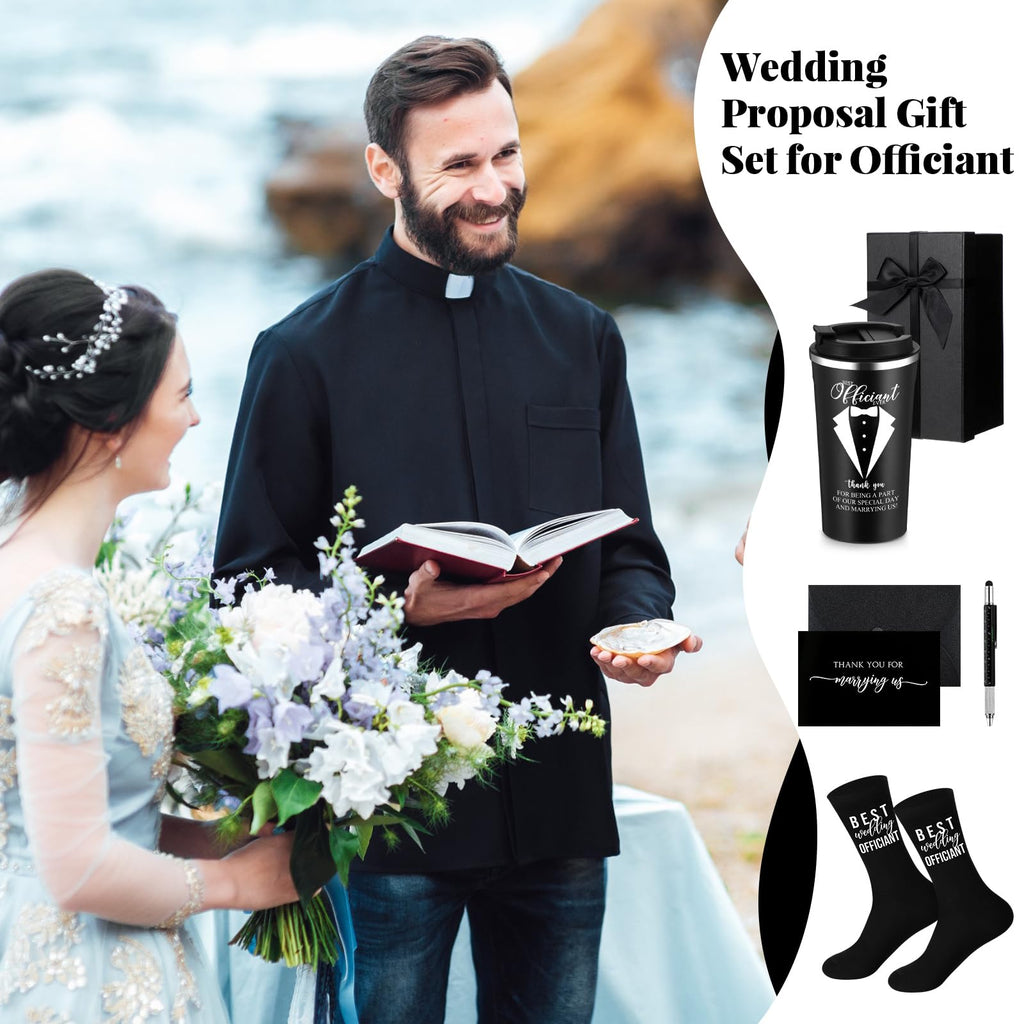 Nuanchu 6 Pcs Officiant Gifts Wedding Proposal Best Officiant Ever Gift 17oz Stainless Steel Coffee Cup Socks Multi Tool Ballpoint Pen with Greeting Card Envelope(Black)