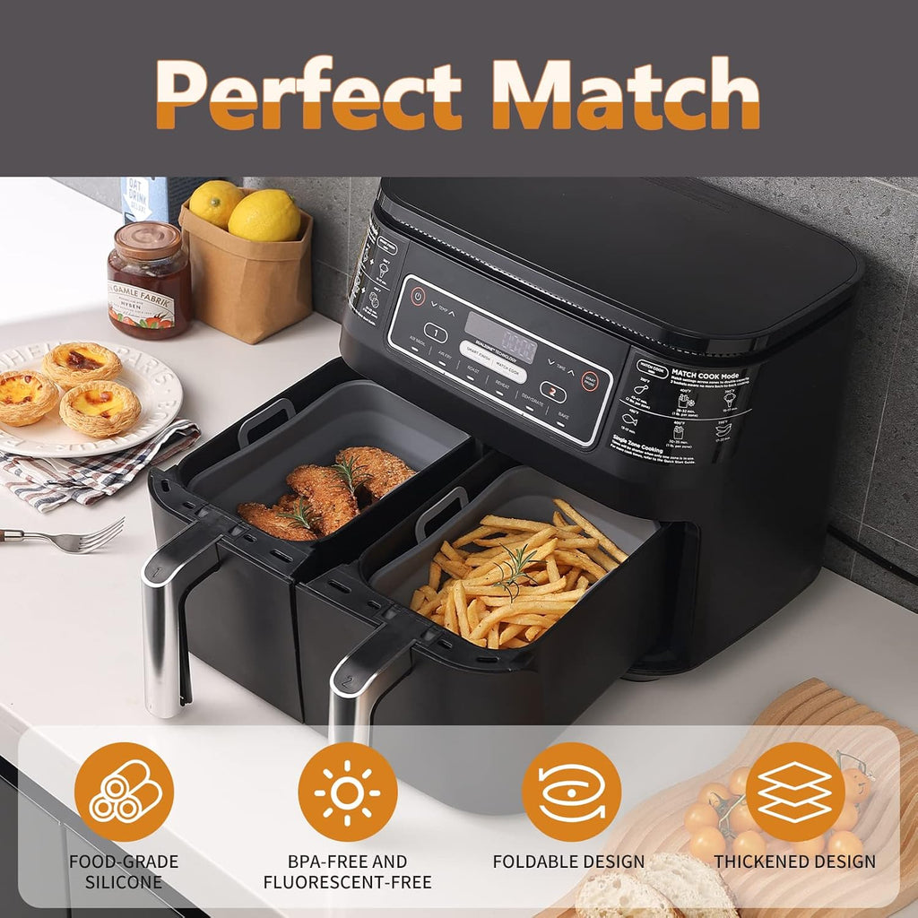 NINJA Air Fryer Silicone Liners - Collapsible 2-Pack for 8QT & 10QT | Reusable Rectangular Gray Basket