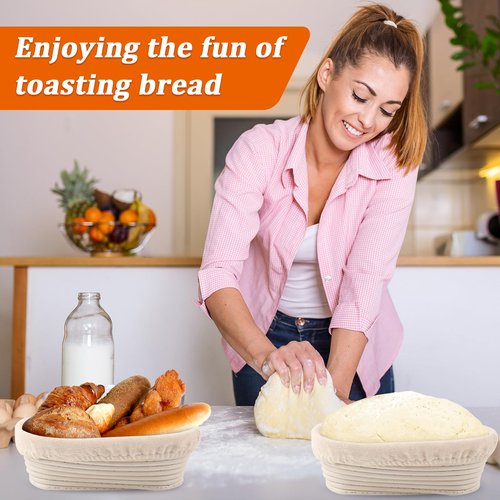 Gdpaddy 6 Pack Oval Banneton Proofing Basket Set 10 Inch, Natural Rattan Sourdough Bread Baskets with Linen Liners, Dough Baking Bowls for Professional & Home Bakers