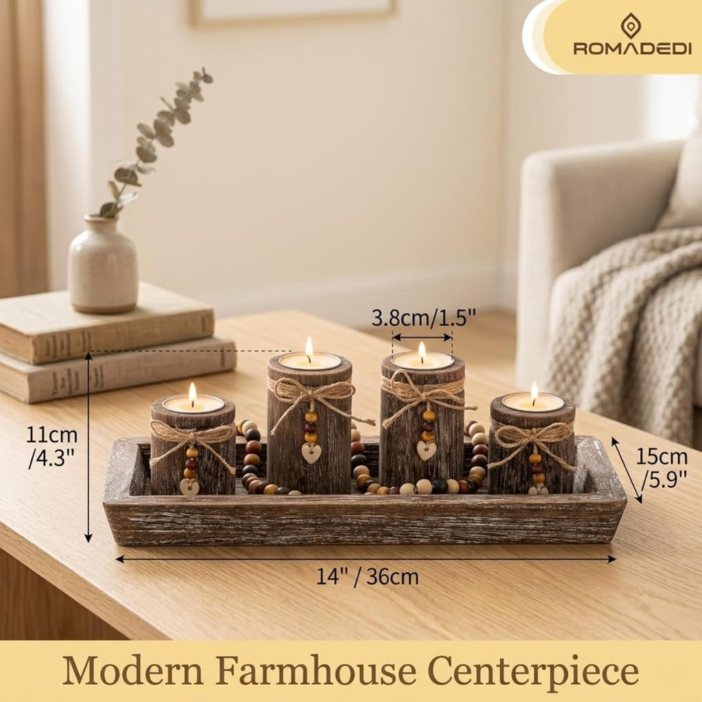 Romadedi Boho Wooden Tray Candle Holder Set - Farmhouse Coffee Table Decor with 4 Tealight Holders
