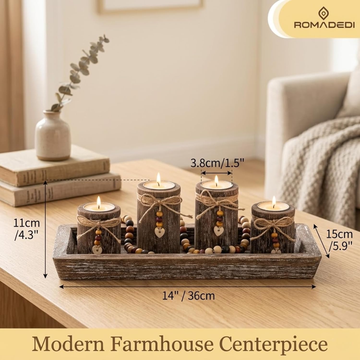 Romadedi Boho Wooden Tray Candle Holder Set - Farmhouse Coffee Table Decor with 4 Tealight Holders