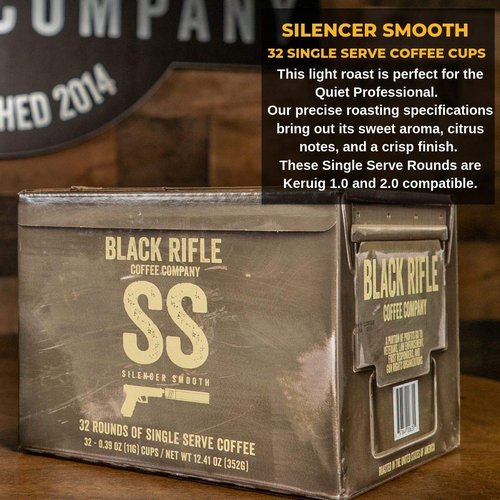 Black Rifle Coffee Company Silencer Smooth, 32 Count, Light Roast K Cups - Single Serve K Cups Coffee Pods - Kcup Pods Compatible with Keurig 1.0 & 2.0 - Made from Arabica Beans