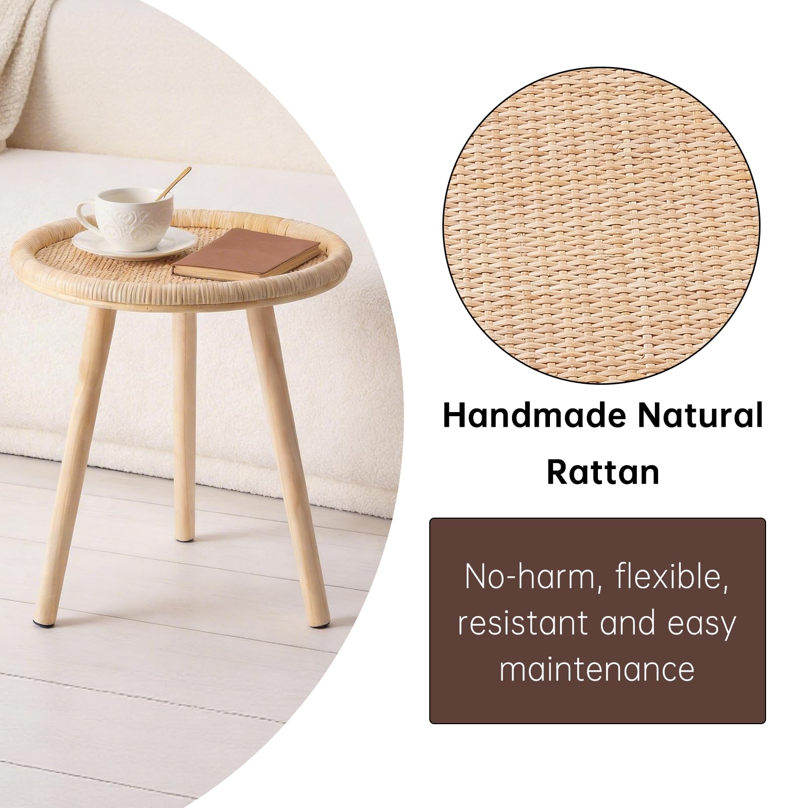 HuiDao Small Side Table, Rattan Round Coffee Table, Boho Circle Side Tables End Table for Living Room, Mid Century Accent Table for Bedroom Balcony