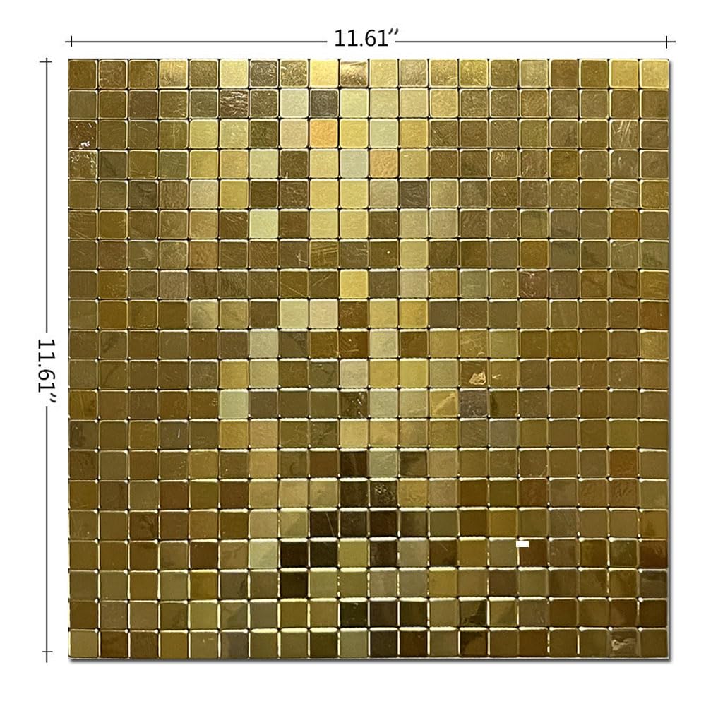 XUANINY Self-Adhesive Metal Backsplash, Peel and Stick Tile for Kitchen Brushed Aluminium Surface backsplash (11.73"x11.73",10) (10 Golden Mirror)
