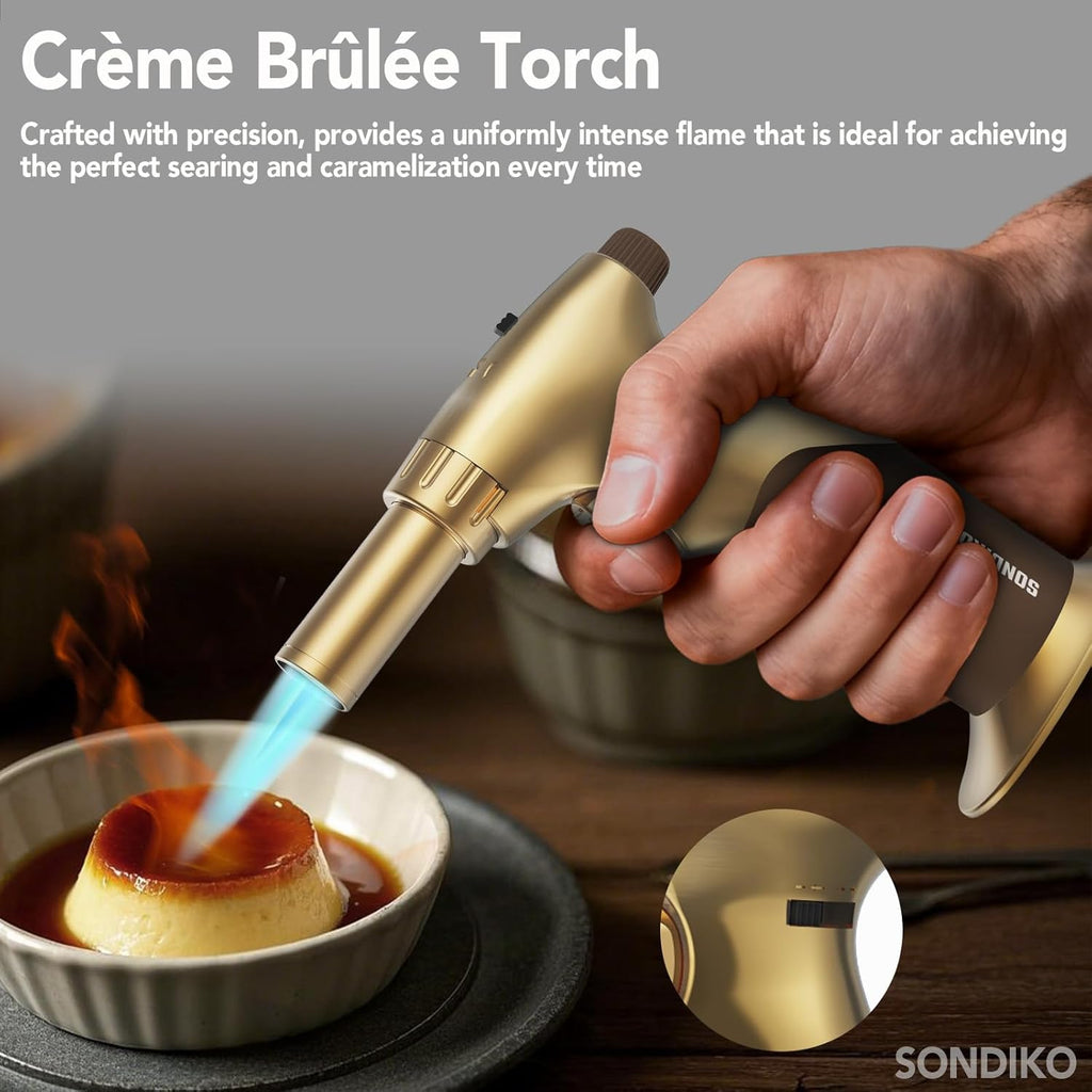 Sondiko Dual Style Butane Torch Lighter - Adjustable Flame Size & Continuous Flame Lock | Gold Finish