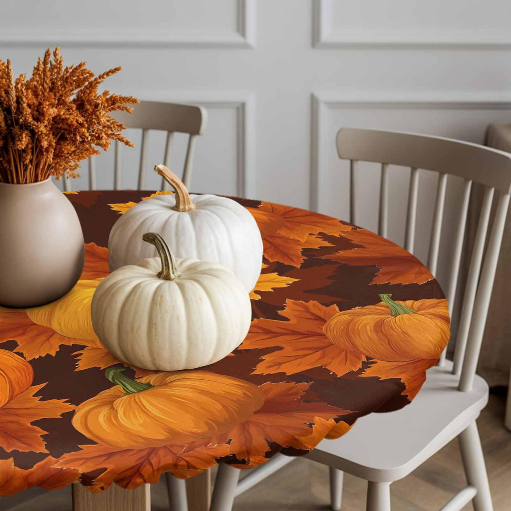 Thanksgiving Pumpkin Maple Leaves Round Table Cloth Fitted Tablecloth,Fall Table Cover with Elastic Edge Waterproof Table Cloth,Autumn Harvest Circle Table Covers for Kitchen Indoor Outdoor 45-54in