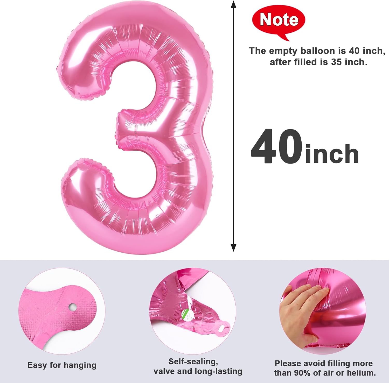 Numbers Balloon - 40 Inch Large Pink Balloon for Three-Year-Old Birthday Decor | Perfect for Celebrations