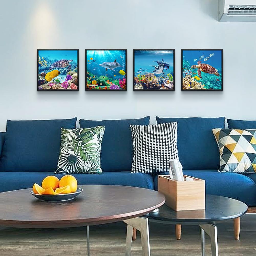 Set Of 4 Piece Black Framed Wall Art For Living Room Family Bedroom Wall Pictures Artwork Bathroom Wall Decor Coral Sea Fish And Turtles Blue Ocean Theme Painting Ready to Hang Modern Home Decor