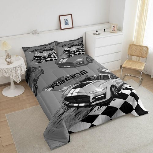 Erosebridal Racing Comforter Set Twin Size,Extreme Sports Race Car Bedding for Boys Kids,Race Sports Car Competition Cool Speed Bedding Comforter Sets,1 Duvet Insert 1 Pillowcase - 2 Pieces(Grey)
