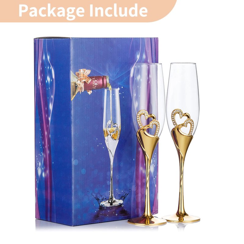 NUPTIO Champagne Flutes Wedding Gifts: Gold Toasting Glasses for Bride and Groom Heart Wine Cups Crystal Flute Anniversary Engagement Gift for Couples Hostess Mr Mrs 6.76oz
