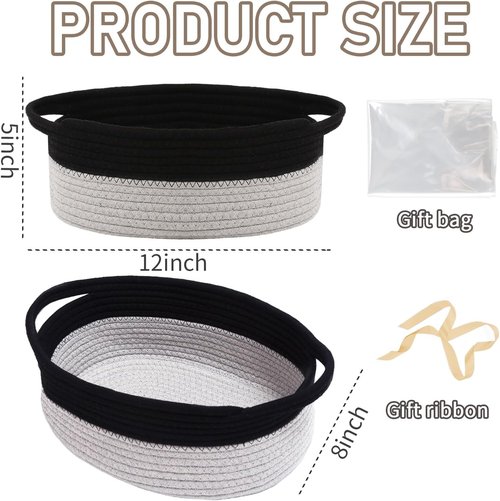 JMvicyroam Woven Basket - Small Rope Storage Bin with Handles | Stylish Organizer for Shelves & Closets - Black & Grey