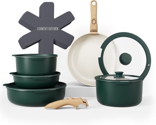 Country Kitchen Cookware Set - Removable Handle, Oven & RV Safe Pots and Pans, Sage Wood Handle