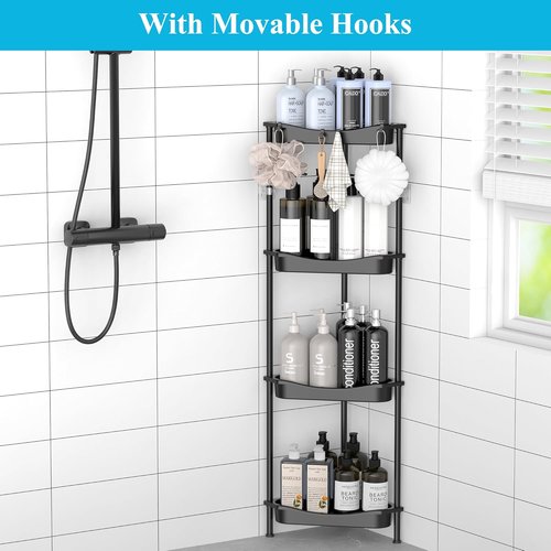 HuggieGems Corner Shower Caddy Organizer - 4 Tier Floor Stand with Hooks | Jet Black Bathroom Shelf
