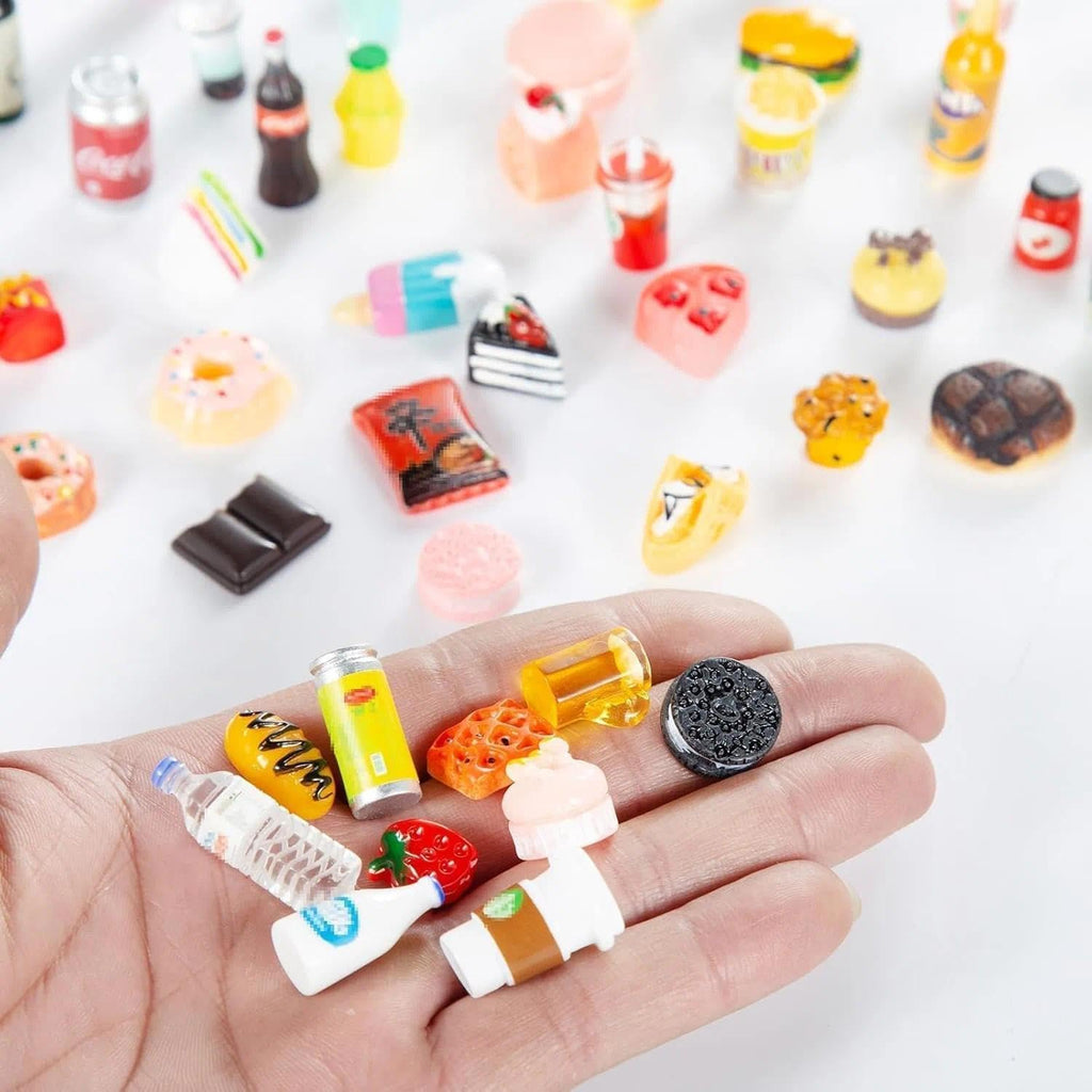 Skiennix Miniature Food & Drink Bottles - 50 Pcs for Dollhouse Play | Includes Soda Cans & Desserts