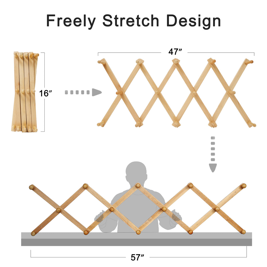 SKOLOO Hat Rack for Wall with 14 Hooks, Pack of 2, Solid Wooden, Modern, Expandable Coat Rack Wall Mount for Coats, Hats, Bags, Baseball Caps, Walnut Color