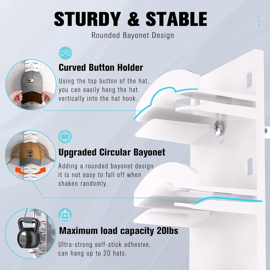 Skiennix Hat Organizer - Wall-Mounted Rack for Up to 20 Baseball Caps | Strong Adhesive, 2-Pack, White