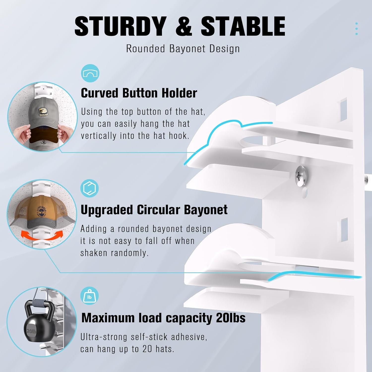 Skiennix Hat Organizer - Wall-Mounted Rack for Up to 20 Baseball Caps | Strong Adhesive, 2-Pack, White