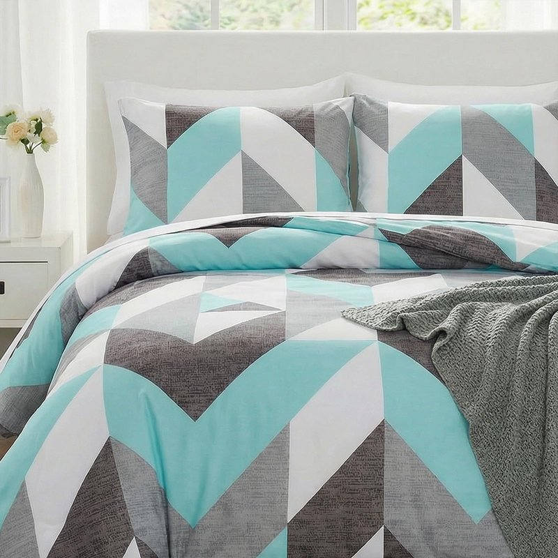 Bedbay Teal Comforter Set King Size Gray and Turquoise Bedding Set Modern Geometric Chevron Duvet Insert 3 Pcs Western Bedding Comforter Set Soft Lightweight Down Alternative Bed Set for All Season