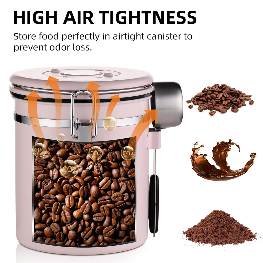 Bincoo Pink Coffee Canister, Large Stainless Steel Coffee Bean Storage Container with Date Tracker (800ML)