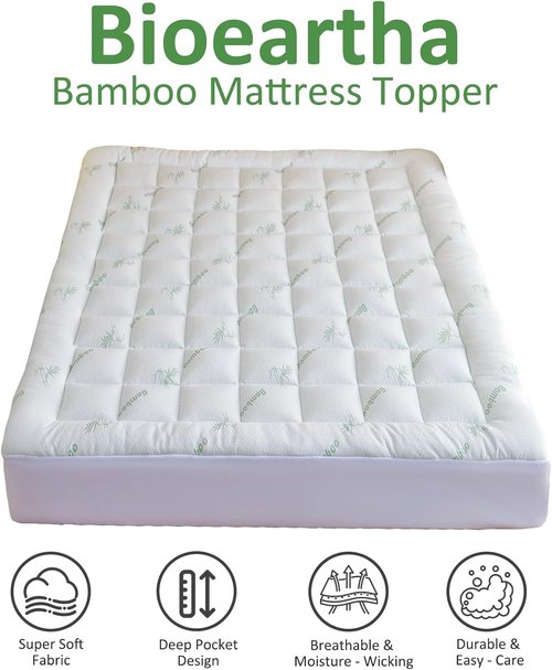 Bioeartha Cooling Mattress Topper Queen - Extra Soft Pillow Top Pad for Back Pain Relief | Breathable Bamboo Viscose, Deep Pocket Fits 8-21 Inch