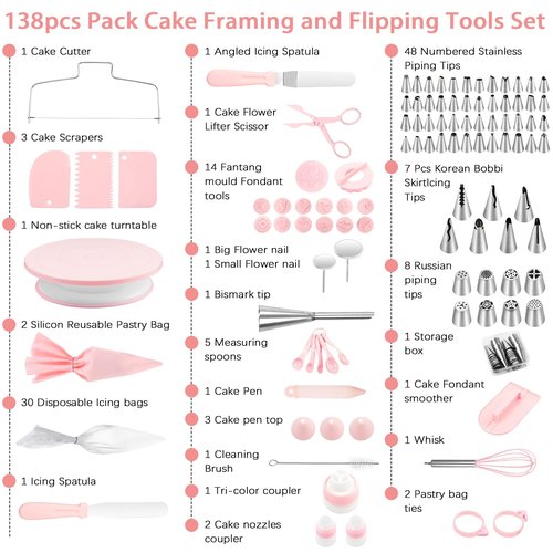 Cake Decorating Supplies Kit, Cake Turntable for Decorating, 64 Icing Ping Tips, 32 Piping Bags,3 Icing Scrapers, 2 Spatulas, 14 Fondant Mould, Cake Leveler for Baking Beginners