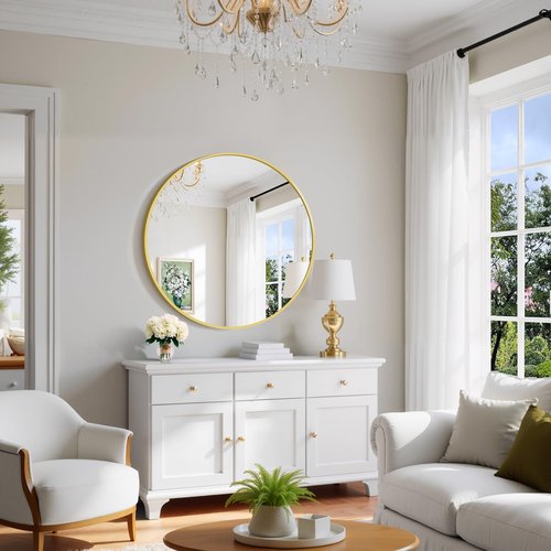 Koonmi 30" Gold Circle Mirror Wall Mounted Round Mirror with Metal Frame for Bathroom/Living Room/Vanity/Bedroom