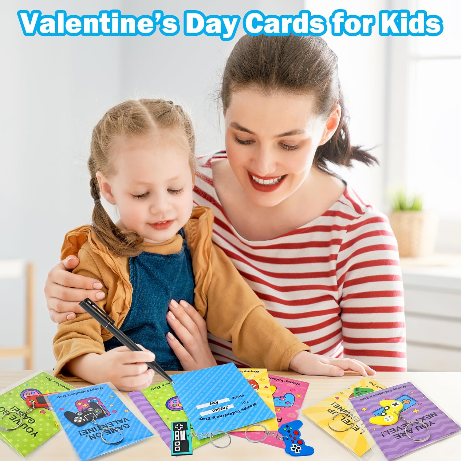 Skiennix Valentine's Non-Candy Gifts - 48 Pack Video Game Keychains & Exchange Cards for Kids