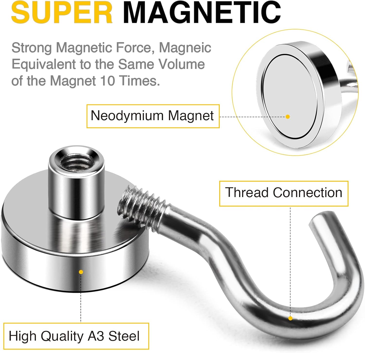 N52 Magnetic Hooks by Skiennix - 30lbs Heavy-Duty Strength with 4 Rubber Coated Anti-Scratch Mounting Magnets