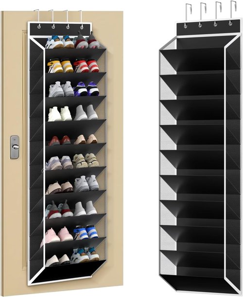 KEEPJOY 10-Tier Over-Door Shoe Organizer - Large Deep Pockets for 20-30 Pairs of Sneakers & Boots | Black