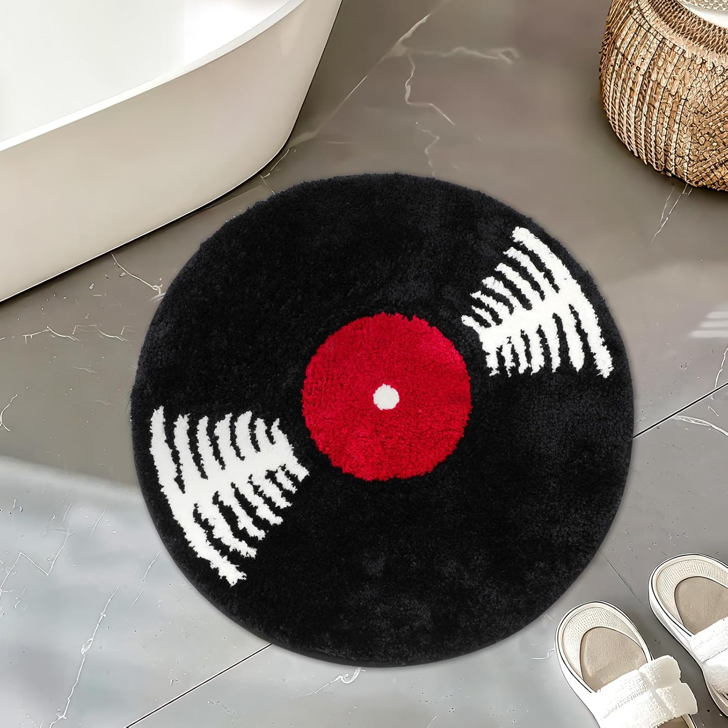 Skiennix Vinyl Record Bath Mat - Retro Non-Slip Washable Rug | Funny Music Theme Decor, 23.5" Black & White