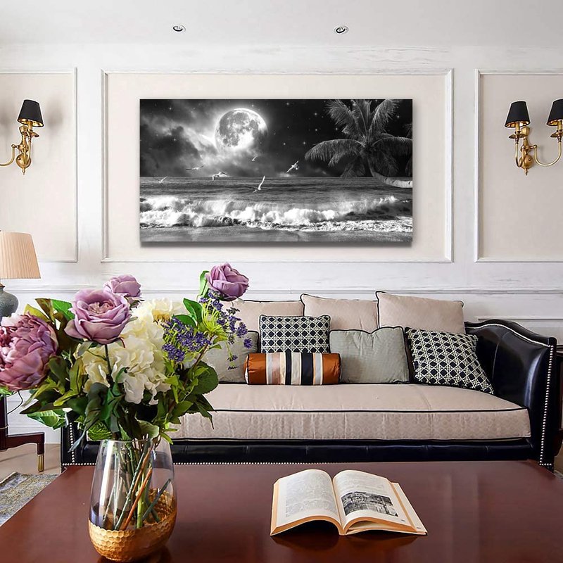 Yxbhhym Black and White Ocean Wall Art Moon Sea Beach Canvas Print Art Ocean Paintings Seascape Poster Wall Pictures Landscape Palm Artwork for Wall Living Room Decor Framed-20x40inches