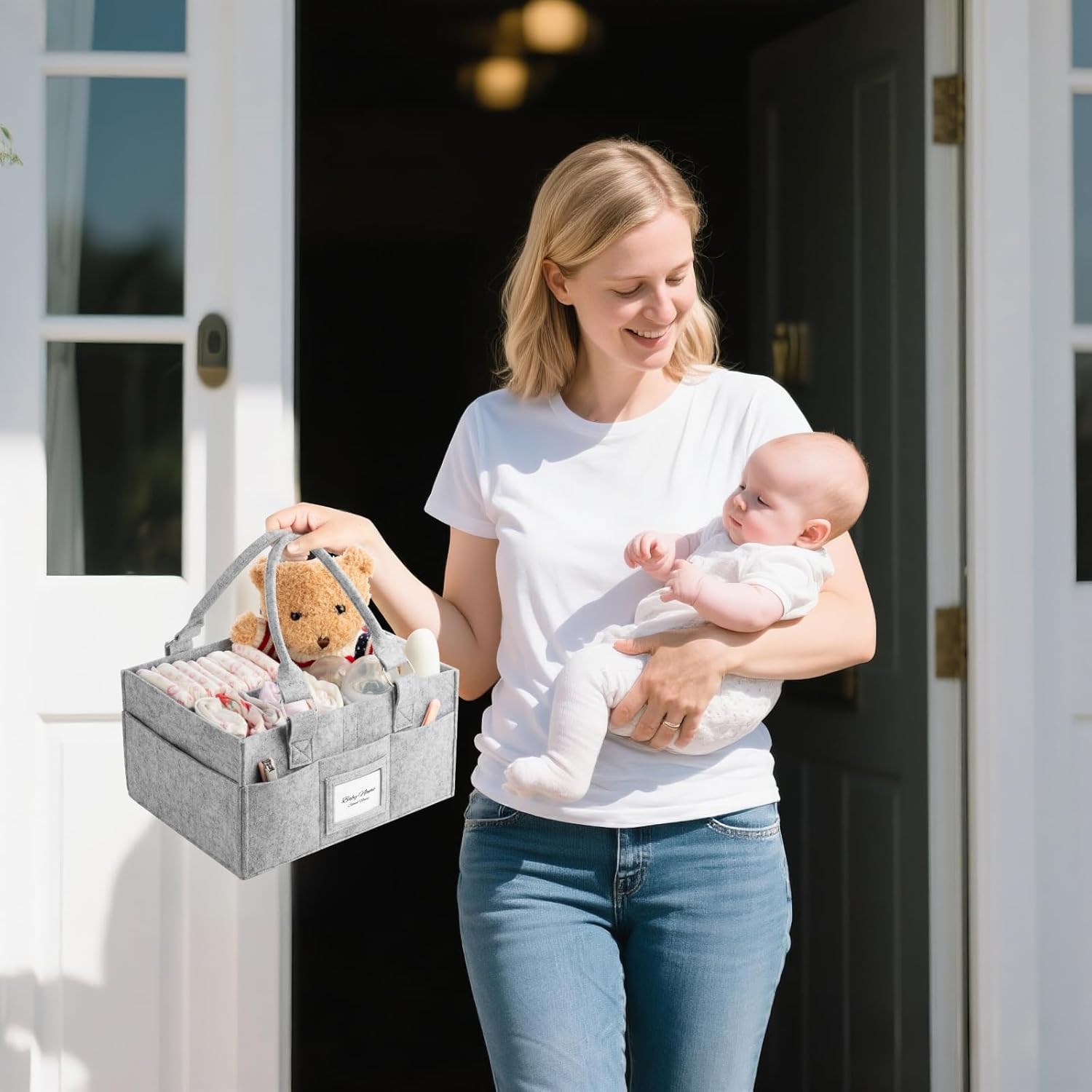 Skiennix Diaper Caddy Organizer - Collapsible Baby Basket with Handle & Photo Frame | Grey, 11.8 x 6.3 x 9.0 Inch