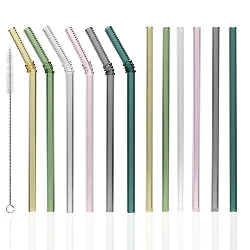 FBAJOJO, coloured glass straws, 8 inch long, 8 mm diameter, 12 wear resistant heat resistant straws, with 4 straw cleaning brushes, 6 straight, 6 curved design