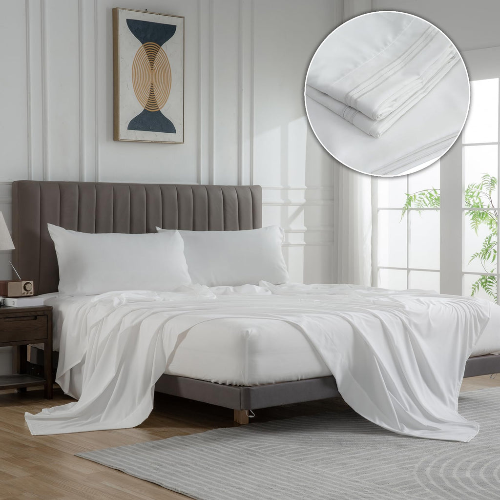 WODFAMY Microfiber Easy Fit Twin Size Bed Sheet Set Extra Soft Deep Pockets Luxury Hotel 3 Piece Set White Bed Sheets Twin Sheets