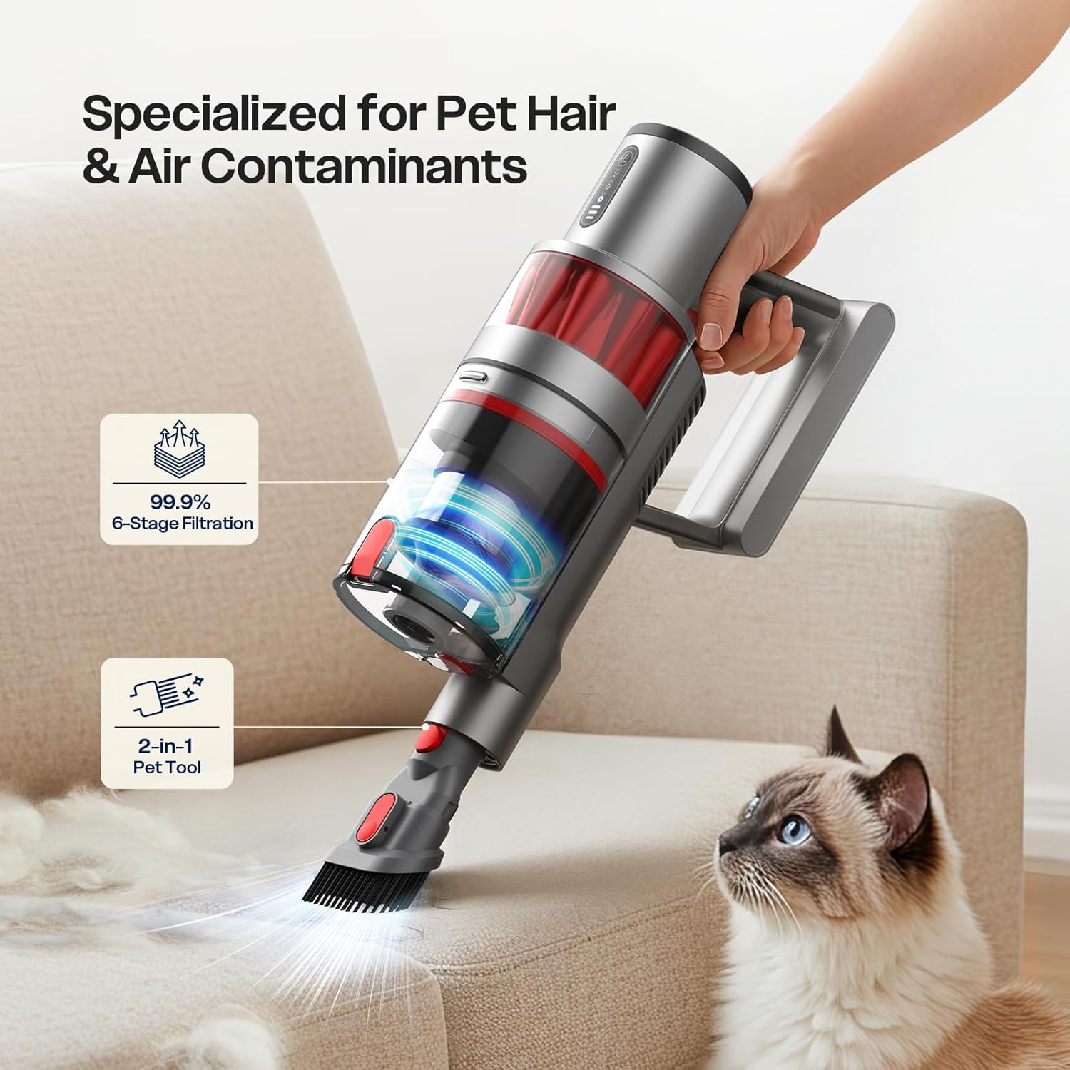 Skiennix Cordless Vacuum Cleaner - Powerful 600W Suction | Lightweight & Rechargeable | 60 Min Runtime - Grey