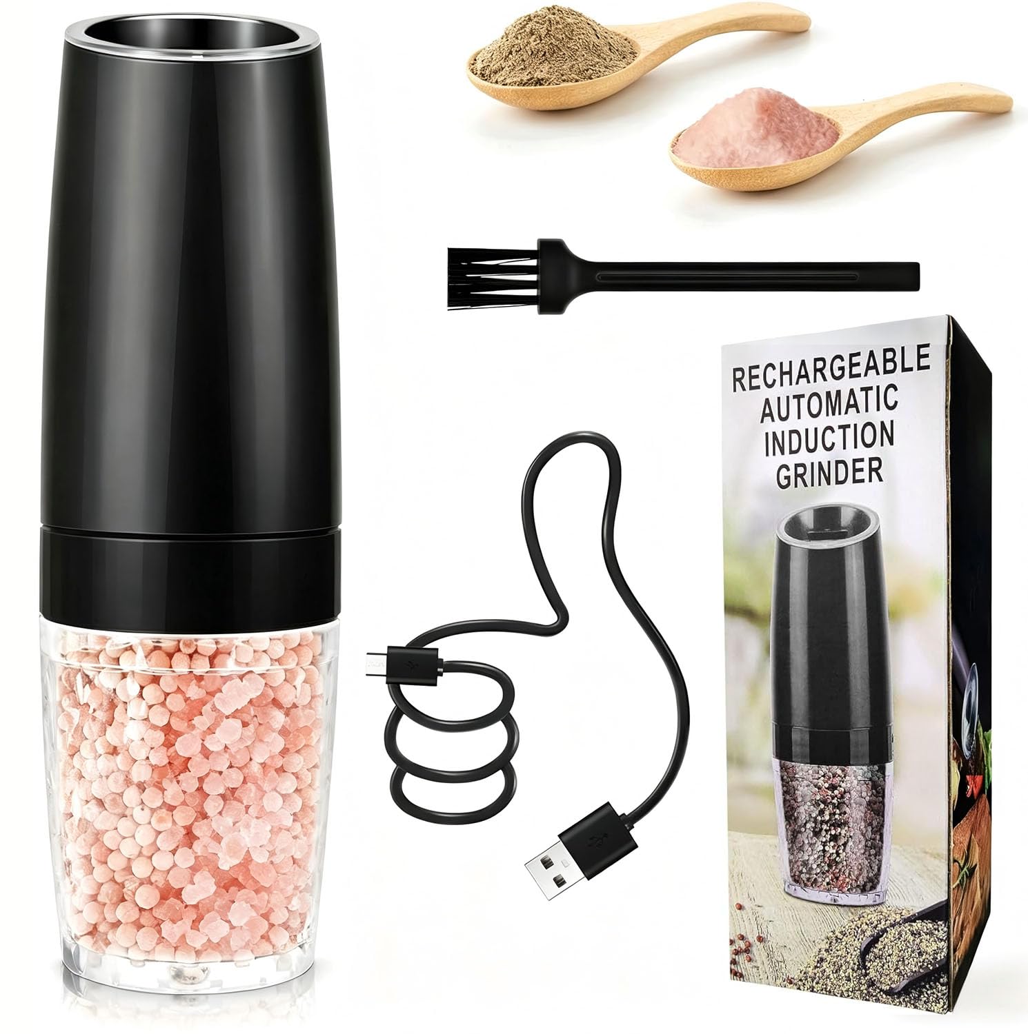 Rechargeable Salt and Pepper Grinder Set Gravity, Automatic and Refillable Salt and Pepper Shakers,Modern Spice Grinder Mill Electric,5.5oz,5 Adjustable Coarseness
