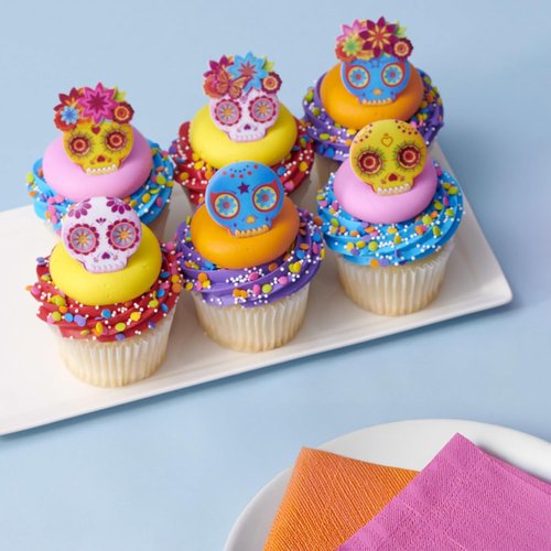 DecoPac Calavera Mask Cupcake Toppers - 24 Día de los Muertos Skull Rings for Parties & Celebrations