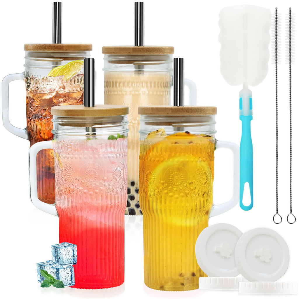 OTOB 4 Pack Glass Tumbler with Straws and Lids, Boho 24oz Iced Coffee Cup Mason Jar Cups, Smoothie Cup with Handle Bamboo Lid, Wide Mouth Boba Drinking Water Glasses for Beer Fruit Water Tea Coffee