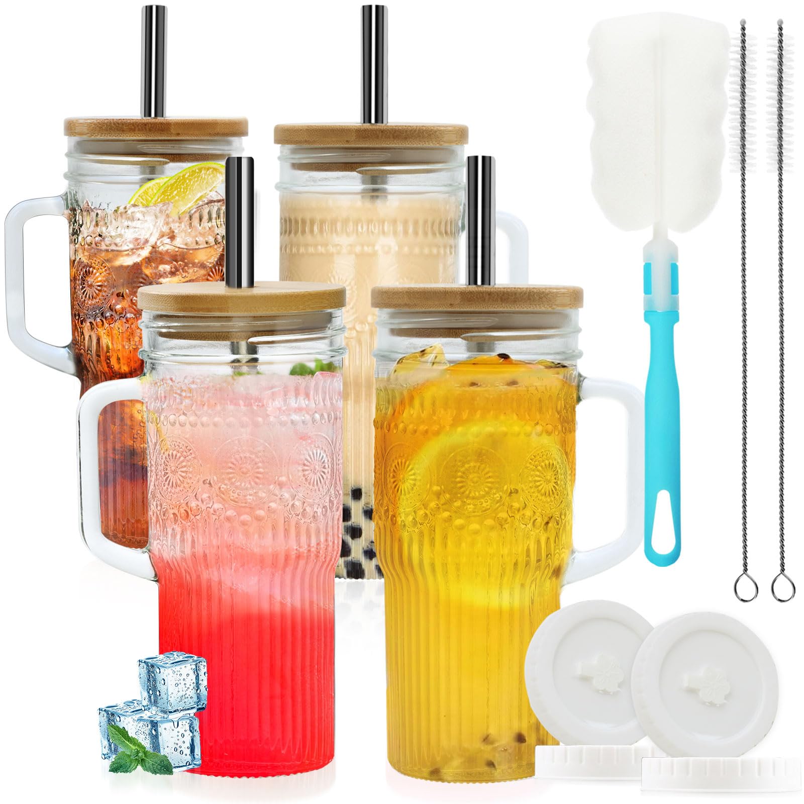 OTOB 4 Pack Glass Tumbler with Straws and Lids, Boho 24oz Iced Coffee Cup Mason Jar Cups, Smoothie Cup with Handle Bamboo Lid, Wide Mouth Boba Drinking Water Glasses for Beer Fruit Water Tea Coffee