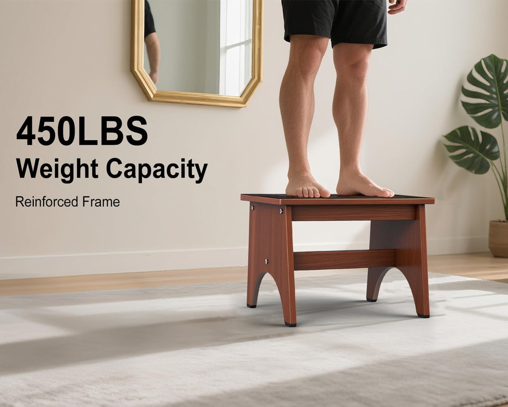 One Step Stool for Adults Seniors with Non-Slip Rubber Stepping Feet, Heavy Duty Wooden Step Stool, Portable Bed Steps for High Beds (Brown, 12 Inch)