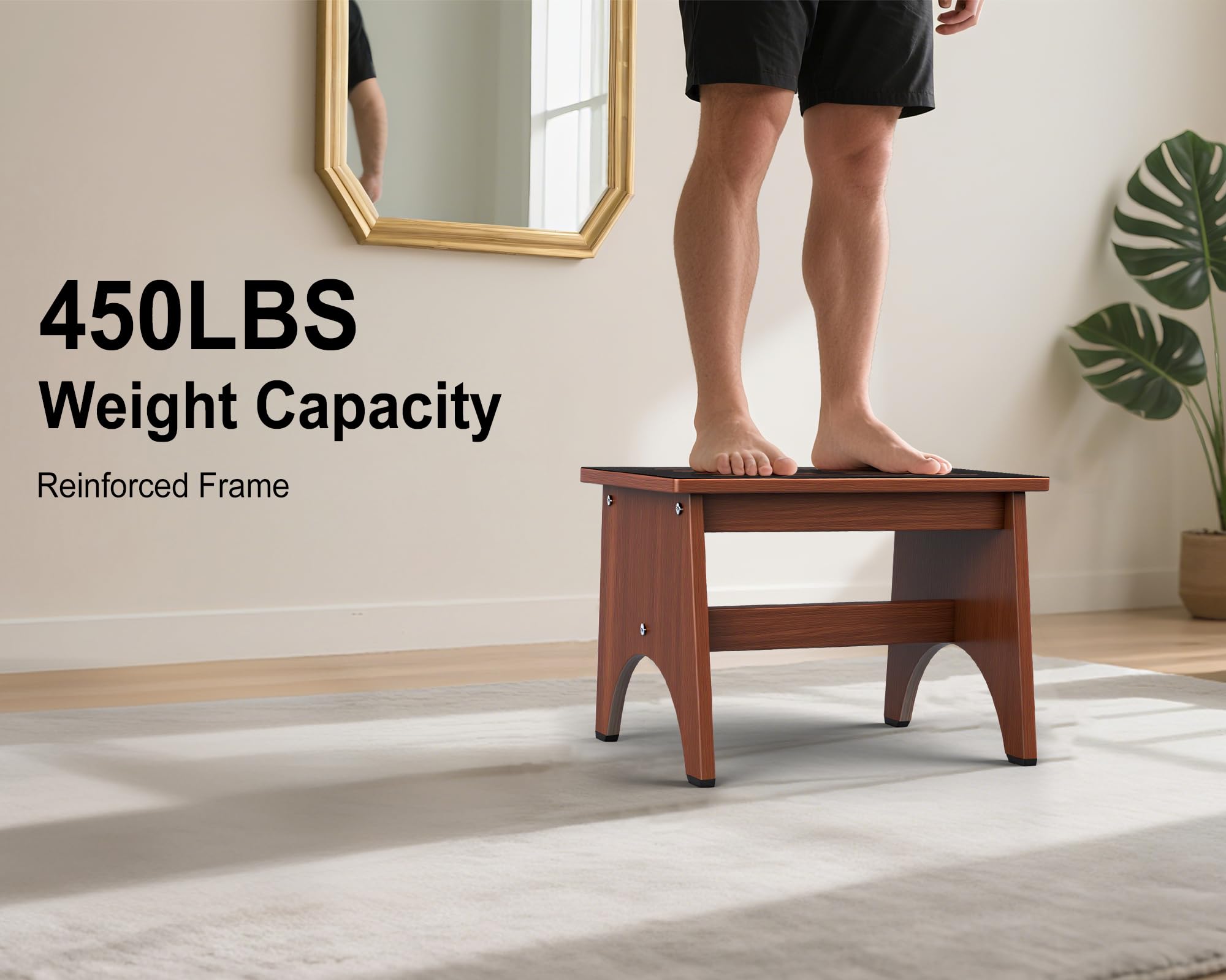 One Step Stool for Adults Seniors with Non-Slip Rubber Stepping Feet, Heavy Duty Wooden Step Stool, Portable Bed Steps for High Beds (Brown, 12 Inch)