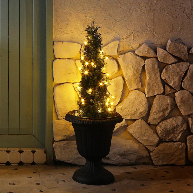 OAKRED Artificial Cedar Topiary Trees for Outdoors 4ft Fake Cypress Plants with Solar Light String, Faux uv Resistant Plants for Home Front Porch Decor，Set of 2