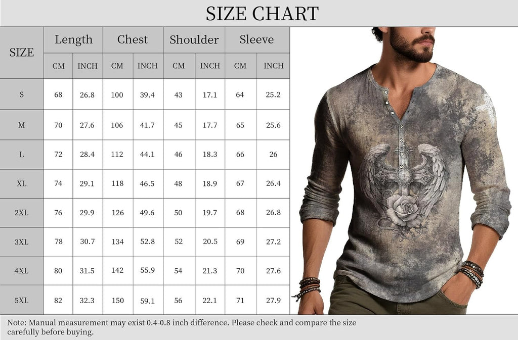 Skiennix Men's Long Sleeve Henley Shirt - Lightweight Floral Print V-Neck Casual Top