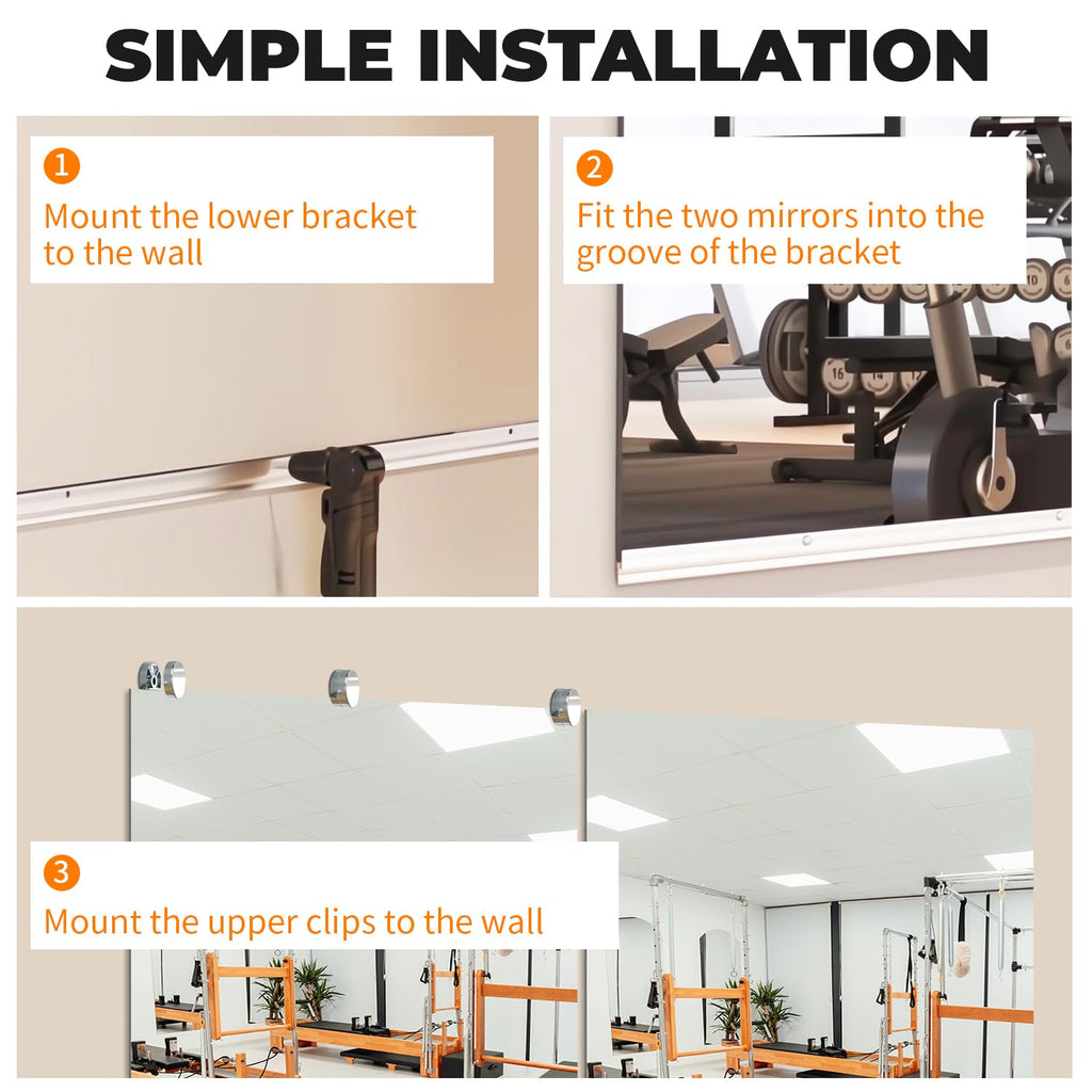 VASUHOME Home Gym Mirror - 2PCS 48'' x 24'' Large Full Body Mirror for Wall, Tempered Glass Mirror for Yoga Room, Gym, Garage, Dance Studio