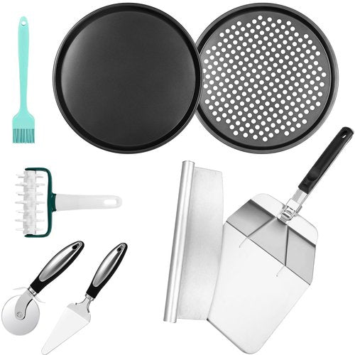 Fat-Cattie Pizza making kit,Pizza Peel Pizza Pan Set with 12"Pizza Peel、12"Pizza Pan、11"Pizza Cutter Rocker(8PC)