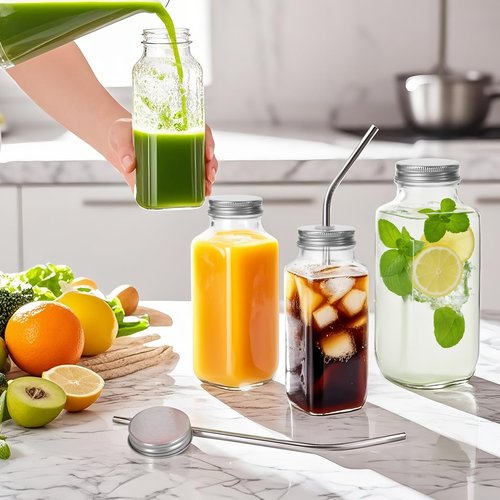 BIGIVACA 16 oz Glass Juice Bottles with Lids 10 Pack | Reusable & Leakproof Juicing Jars with Airtight & Sipping Lids, Straws & Brushes for Travel, Office, Home, Gym