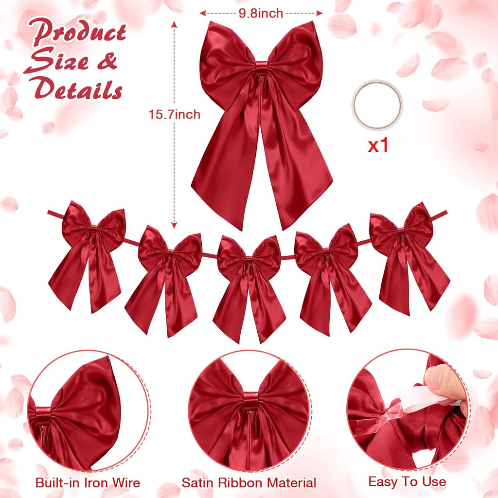 Suncalla 6 FT Burgundy Valentine's Day Bow Garland - Pre-Strung Party Banner with 10-Inch Bows for Weddings & Celebrations